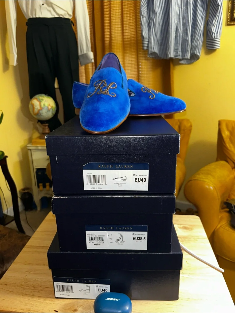 Ralph Lauren Cobalt Blue Velvet Loafers with Gold Monogram